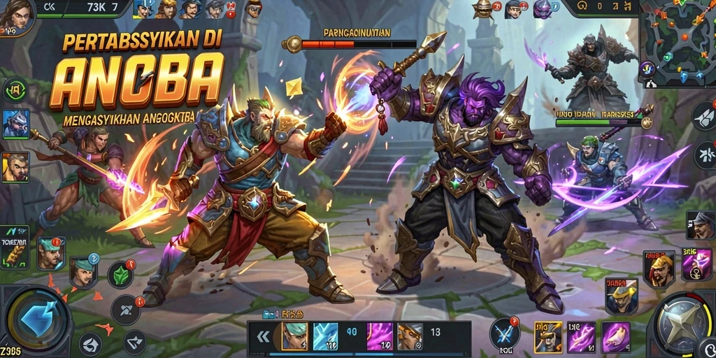 Screenshot pertarungan epik dalam game MOBA 73K