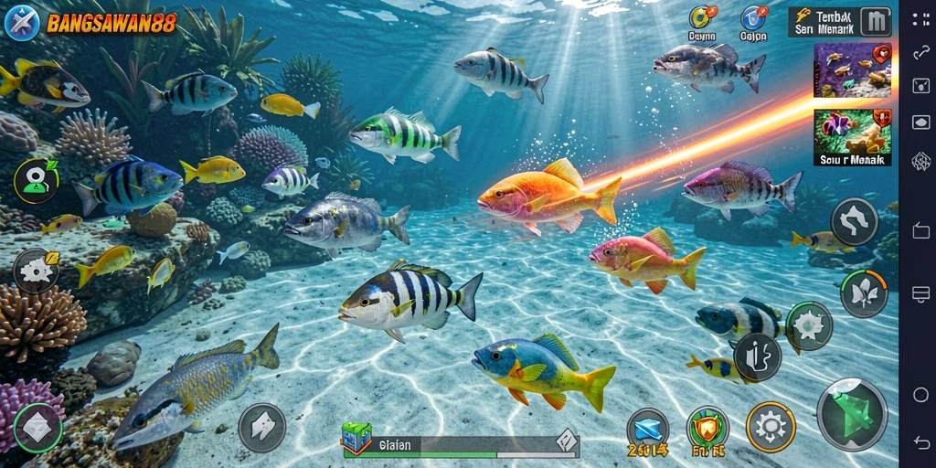Tampilan screenshot utama gameplay BANGSAWAN88 yang menampilkan aksi Tembak Ikan.