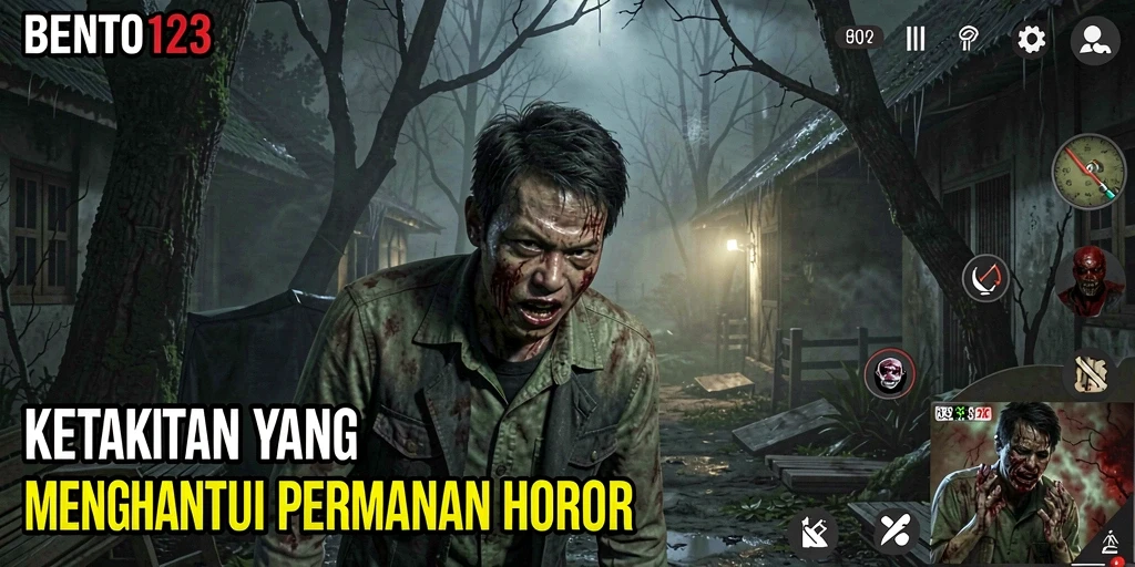 Screenshot gameplay BENTO123 menampilkan suasana mencekam dan karakter menyeramkan.