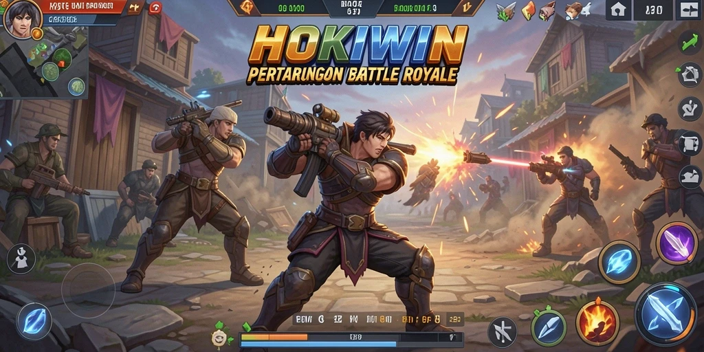 Screenshot HOKIWIN menampilkan aksi intens Battle Royale yang mendebarkan.